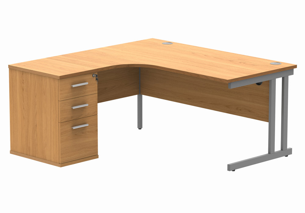 Double Upright Left Hand Radial Desk + Desk High Pedestal | 1600X1200 | Norwegian Beech/Silver